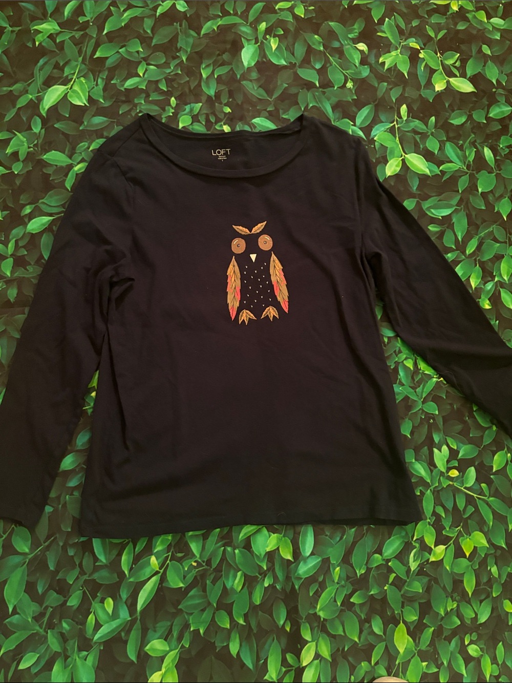 LOFT Black Long-Sleeve Tee with Orange & Yellow Owl Graphic